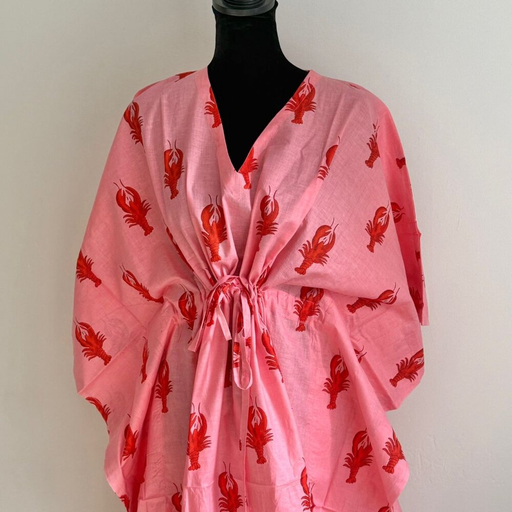 BRAND NEW Pink Holiday Kaftan Dress Winter Style Gift Hand Block Printed Caftan